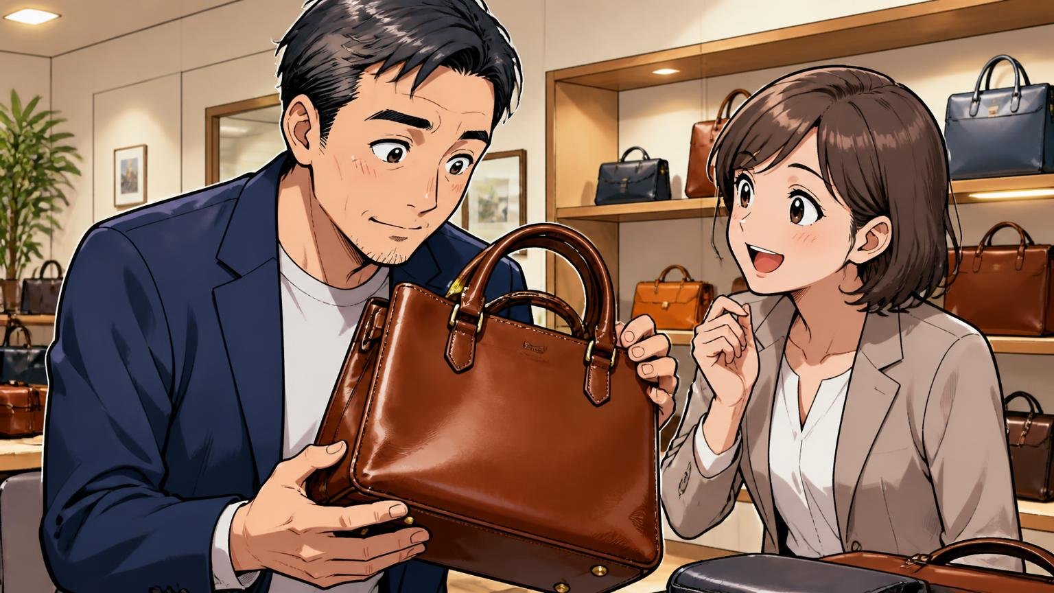 可能なら実物を手に取ってから決める　予約したショールームで革のバッグを手に取り重さと艶を確かめる40代男性1人と30代女性1人の場面