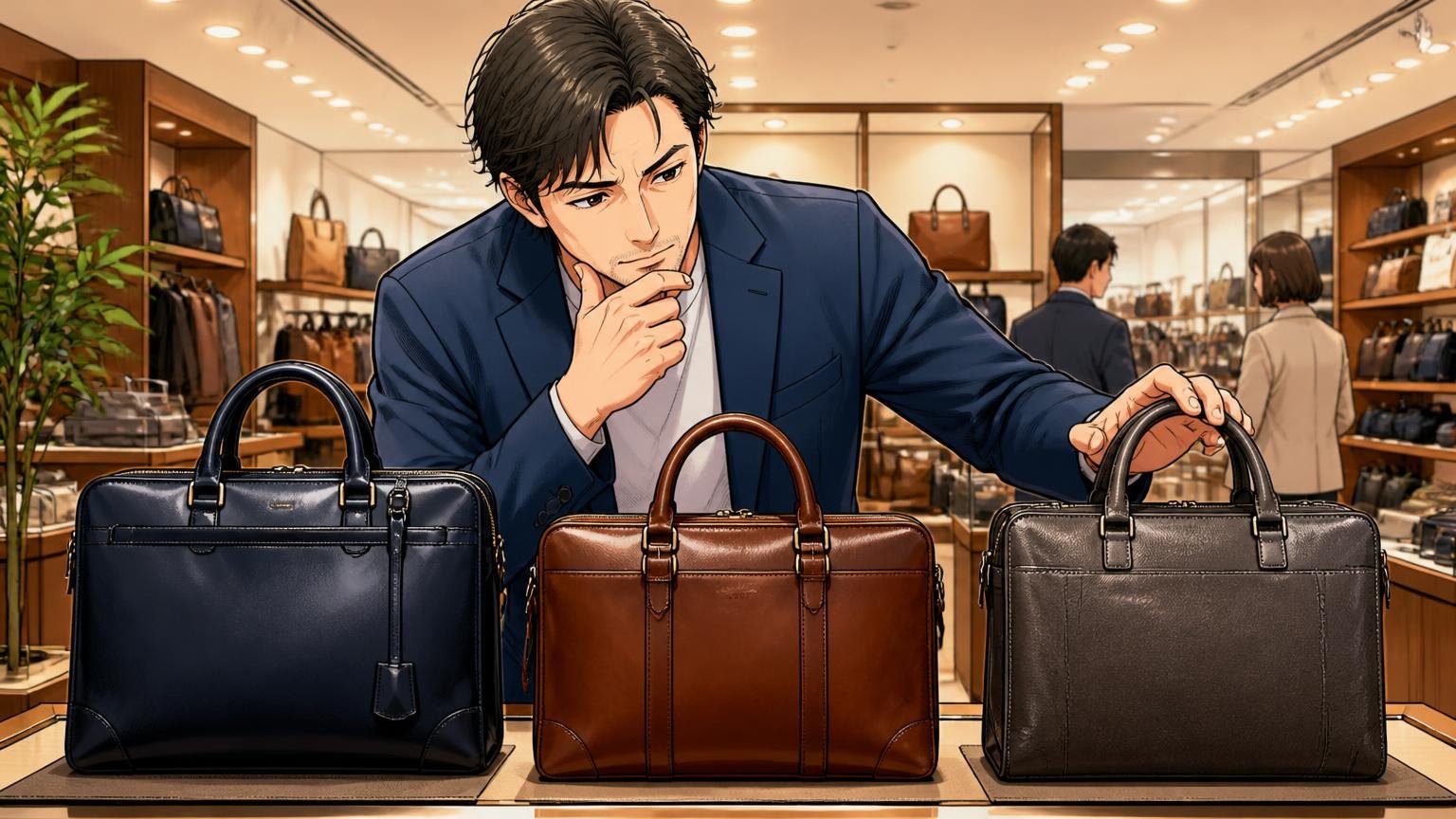 タケオキクチでは物足りない40代が次に見比べたい、日本製の革バッグブランド3選 百貨店の売り場で3つの革の鞄を並べて見比べる40代男性1人