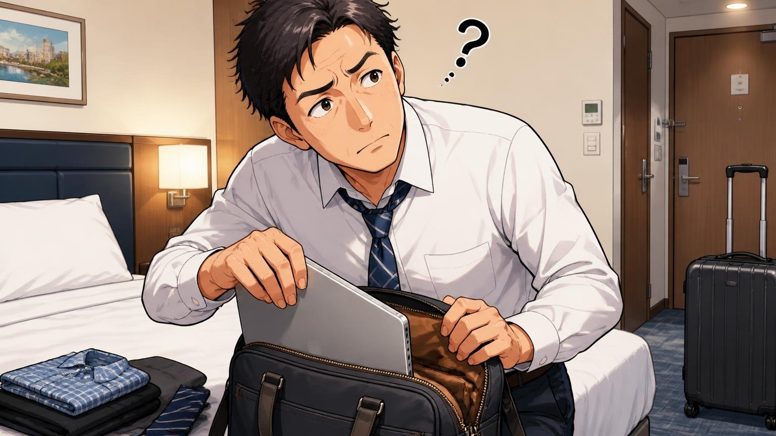迷ったら「通勤・出張・休日のどれで使うか」を先に決める 出張前のホテルの部屋でバッグにノートパソコンを入れる場面 40代男性1人が首をかしげて考える