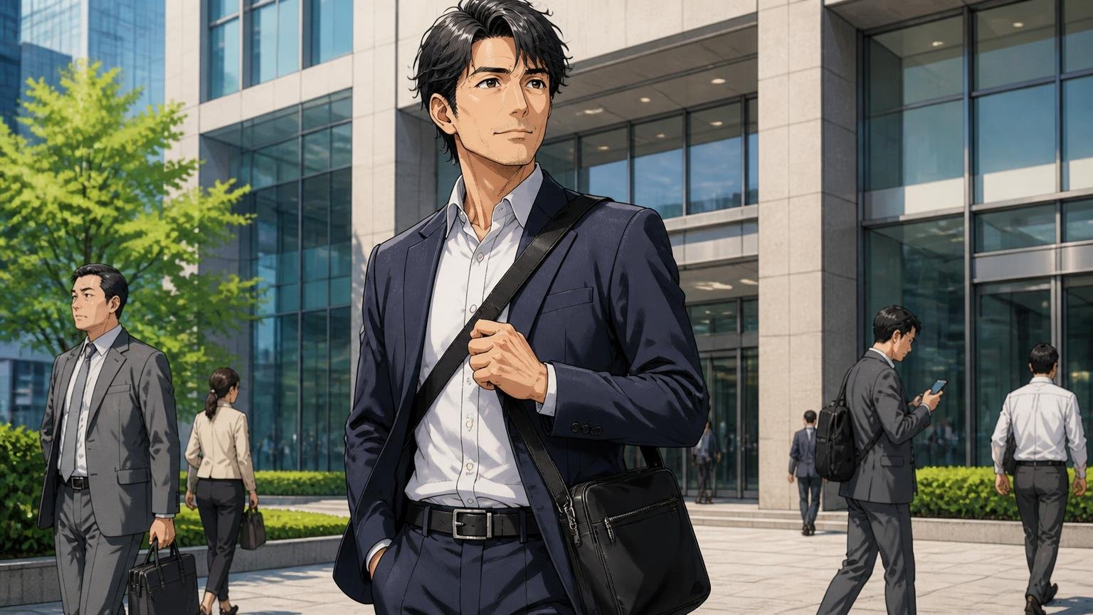 40代が持つなら、リボンを外して黒・ネイビーの落ち着いた1本を 朝のオフィスビル前でリボンを外した黒いショルダーバッグをかけて颯爽と歩く40代男性1人