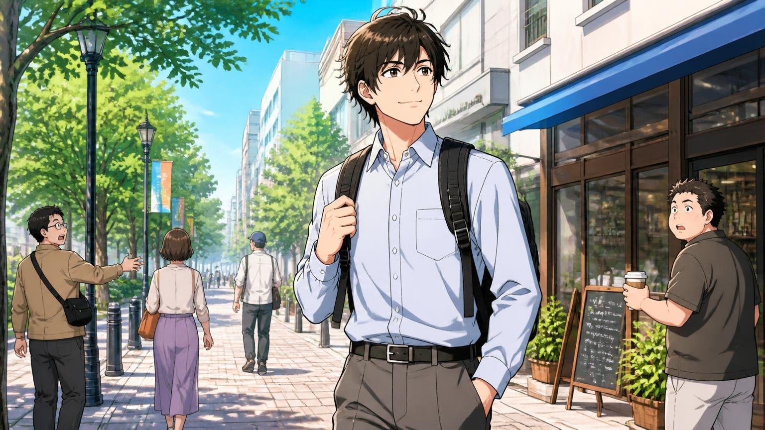 服装はきれいめに寄せ、荷物の量に合ったサイズを選ぶ、休日の街角で襟付きシャツにスラックス姿の男性がリュックを背負って颯爽と歩く場面
