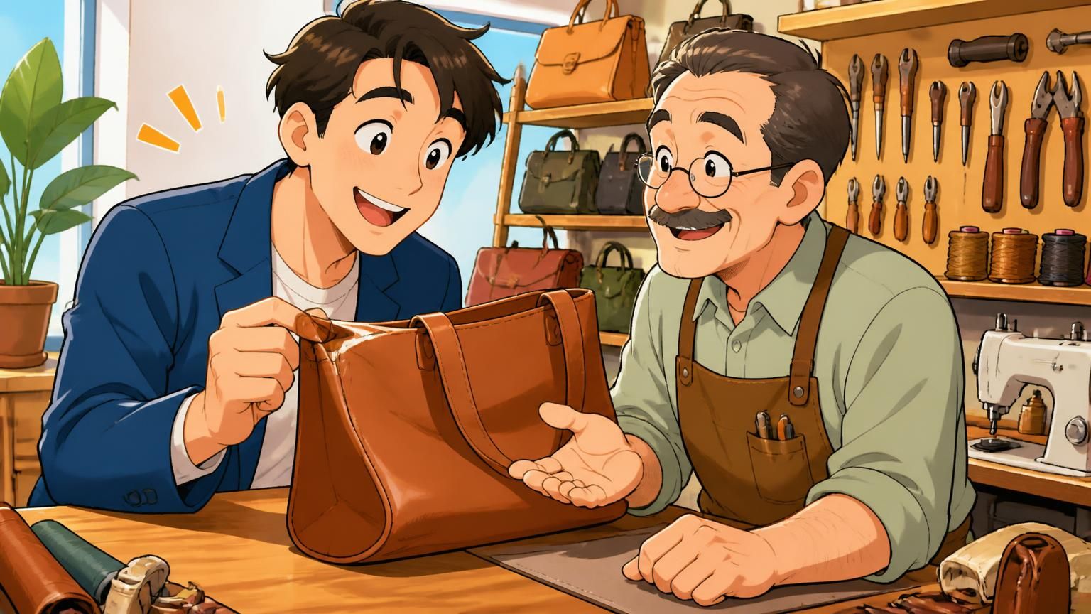 「くたびれ」になる前に修理に出す｜修理工房のカウンターで職人に革トートの角を見せ男性が安心した表情を見せる場面