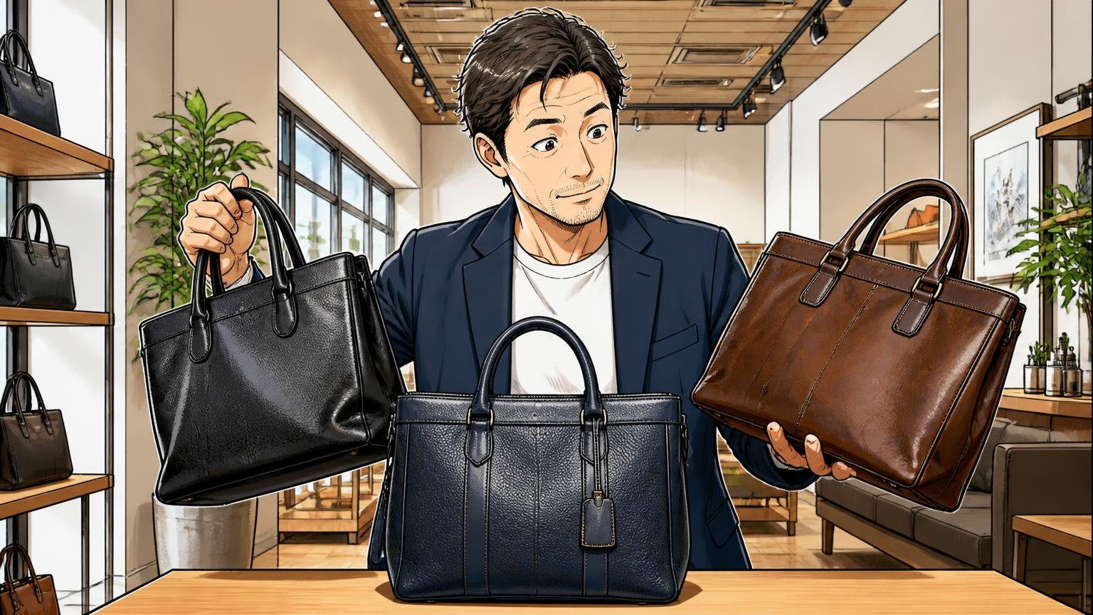 ナイロンの軽さを知った40代が、次の候補に入れたい日本製の本革ブランド3選 ショールームで革バッグ3つを手に取り比べる40代男性1人