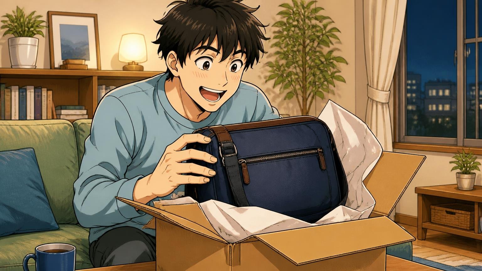 公式オンラインストアは送料無料・7日以内の返品に対応 夜のリビングで届いたバッグの箱を開け中身を確かめる男性