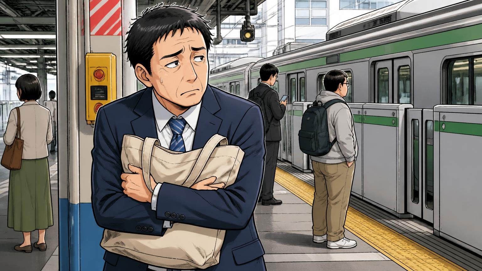 通勤・出張・休日のどれで使うかを決めておく 朝の駅のホームで自立しないトートバッグを抱えて電車を待つ40代男性1人