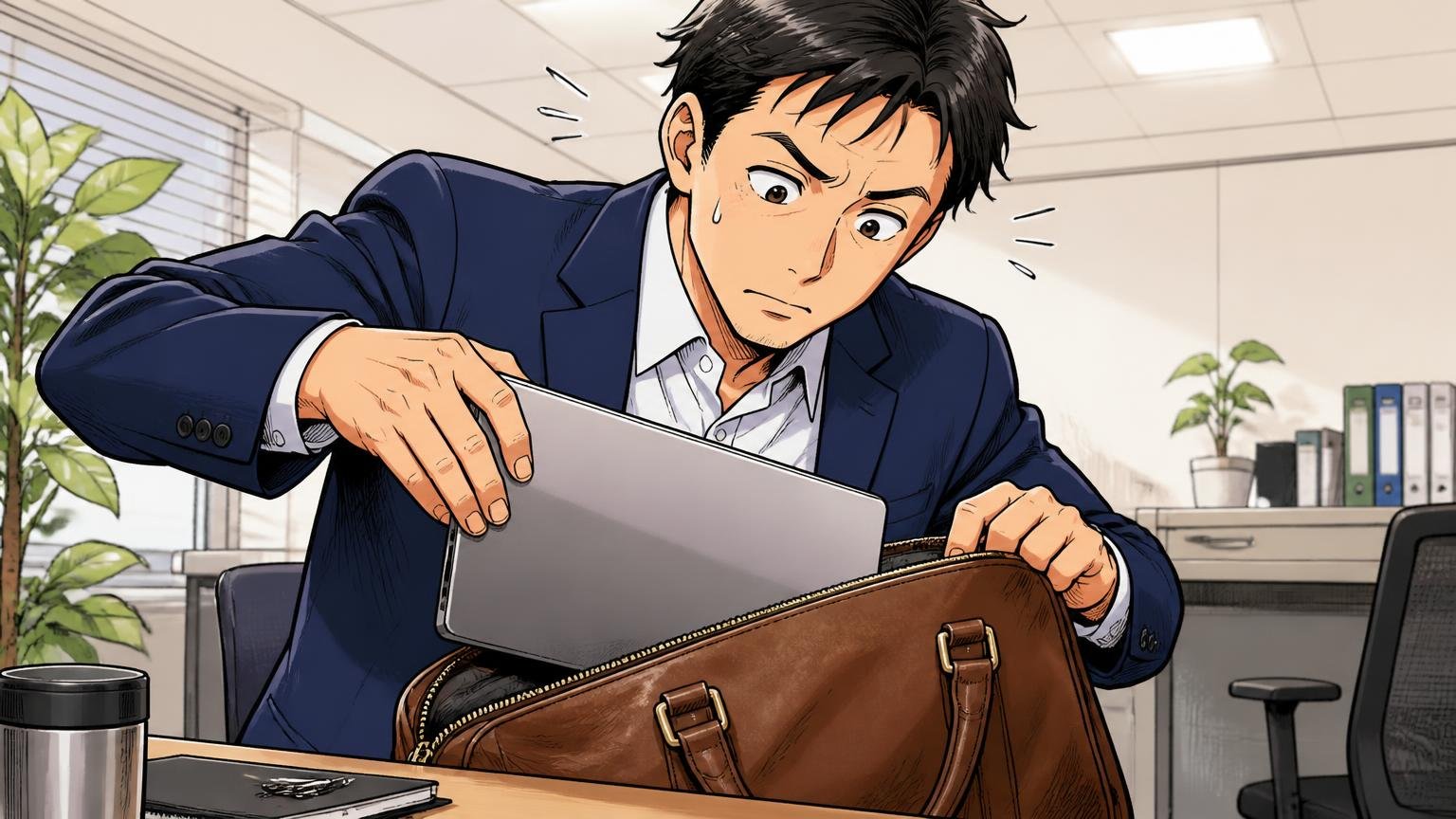 用途を決めて、PCが入るか・重さは許容できるかを確認するオフィスのデスクでノートPCを革のバッグに入れようとする40代男性1人の場面