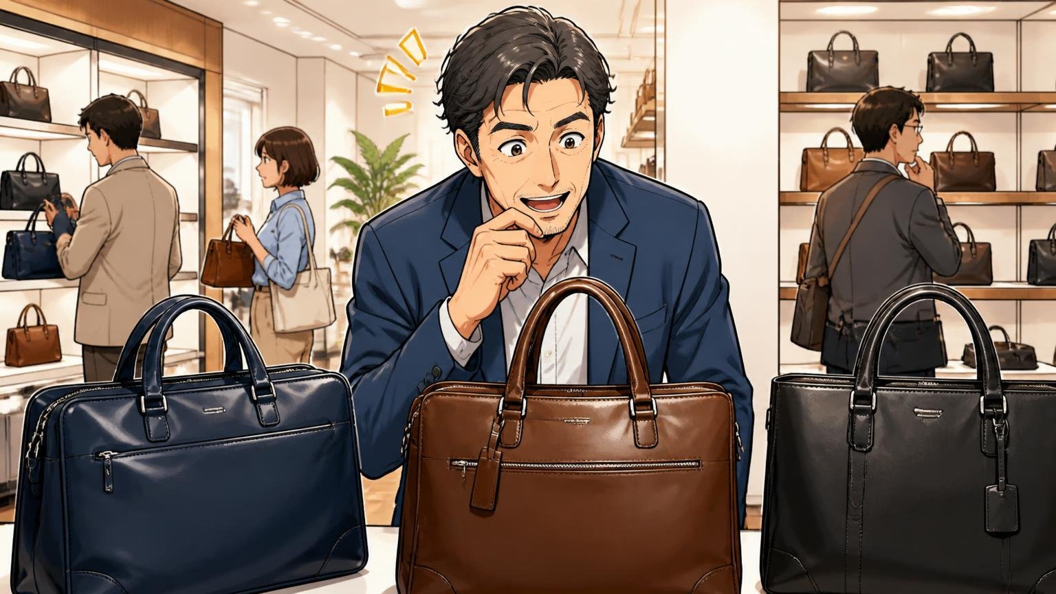 フジタカが合うか迷ったら。評判を調べ尽くした40代が見比べたい日本製の革バッグブランド3選 ショールームで革バッグを見比べる場面 40代男性1人が目を輝かせる