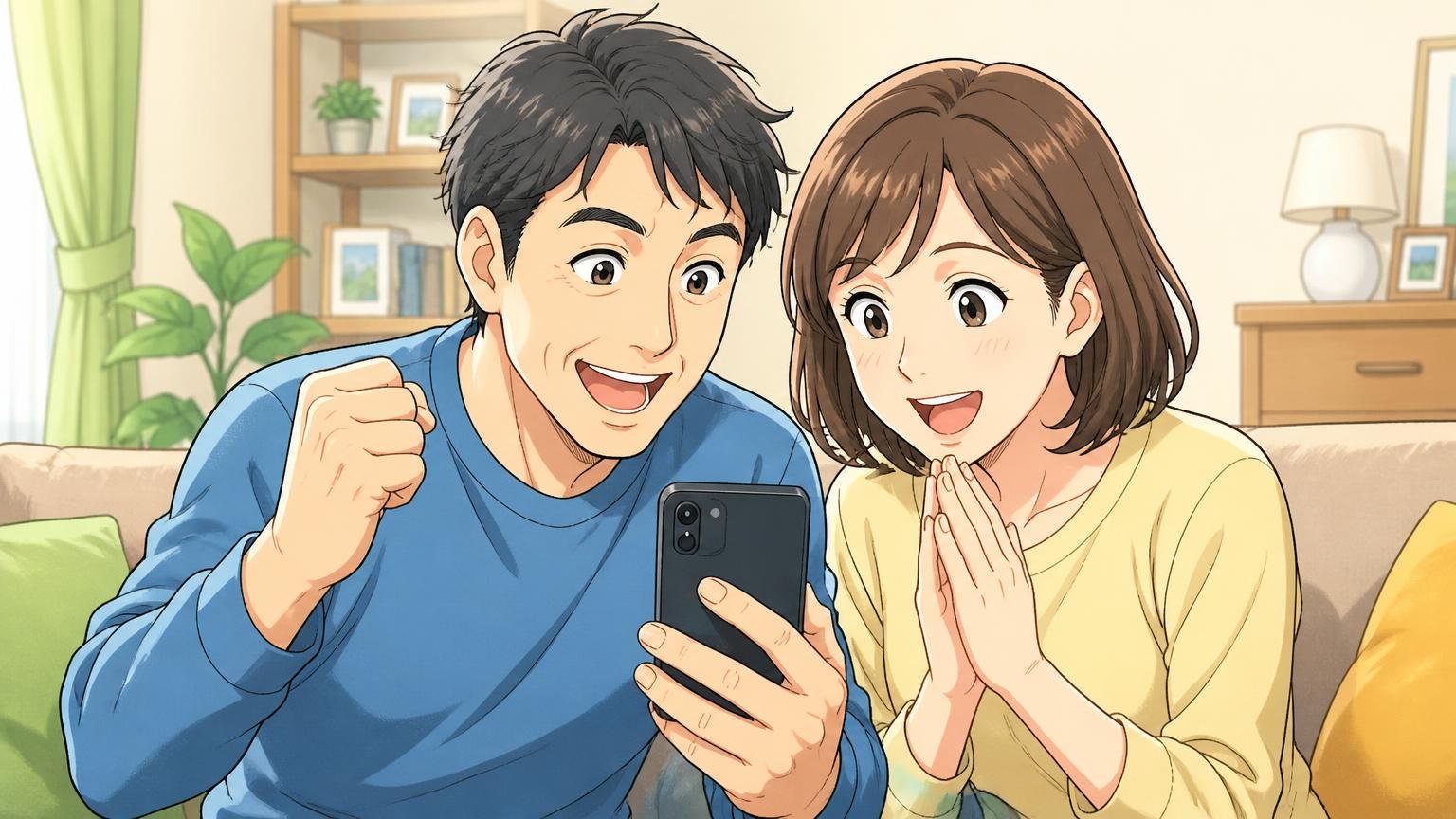 どの店から買うかで、買った後の安心が変わる、自宅でスマホのショップ対応メールを読みほっとした表情の40代夫婦