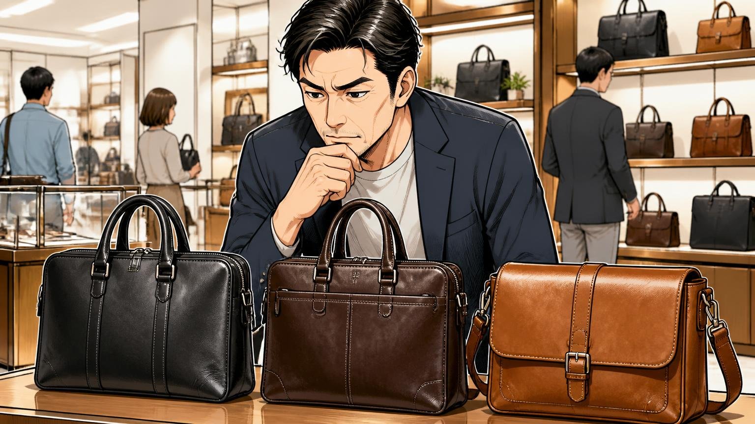 評判を調べ尽くした40代が最終候補に残した、日本製メンズ革バッグブランド3選 百貨店の鞄売り場で3つの革バッグを並べて見比べる40代男性1人の場面
