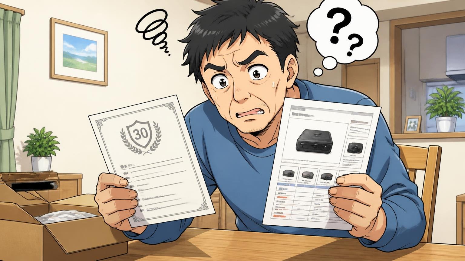 30日保証と返品条件｜修理の窓口は見当たらない 自宅のダイニングで40代男性が保証書と販売ページを見比べ考え込む場面