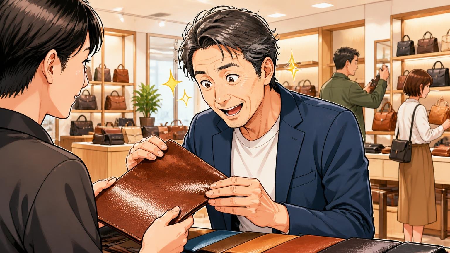 実物を確かめられる直営店は青山と天神、明るい直営店の店内で店員と革の質感を確かめる40代男性1人が目を輝かせる場面