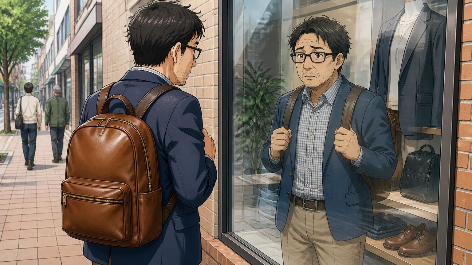 ダサいおじさんっぽいという評判は本当か、街角のショーウィンドウに映る自分の革のリュック姿を40代男性がじっと確かめる場面