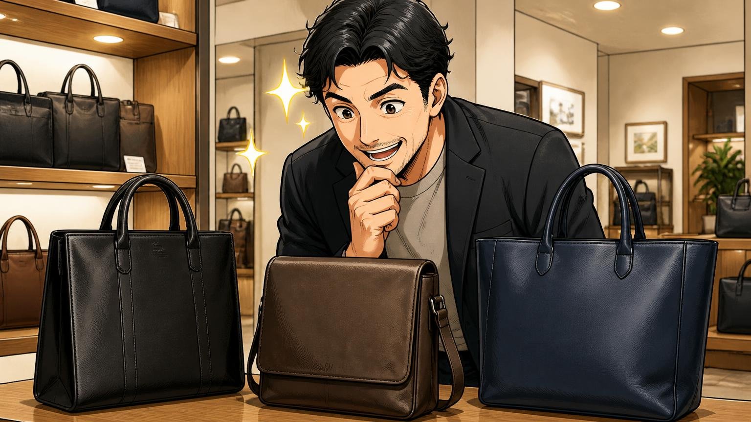 ロゴで主張しない40代へ|同じ価値観で選べる日本製の革バッグブランド3選 鞄売り場で40代男性1人が無地の革バッグ3つを見比べ目を輝かせる場面