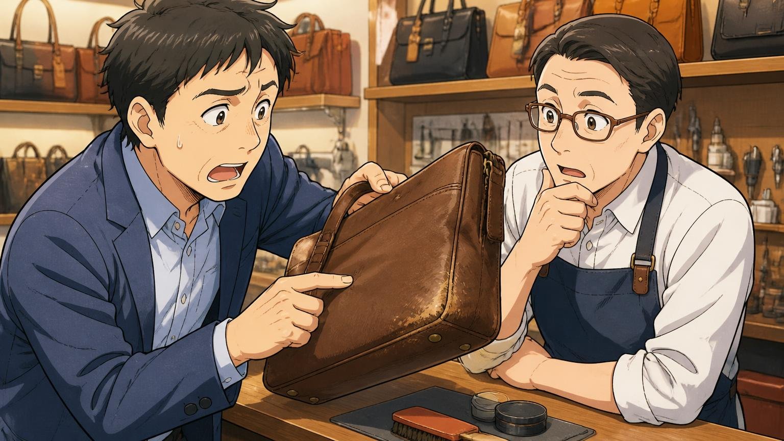 購入後の修理・相談の窓口を重視する人 鞄修理店のカウンターで角が擦れた革バッグを店員に見せて相談する40代男性と店員の2人の場面