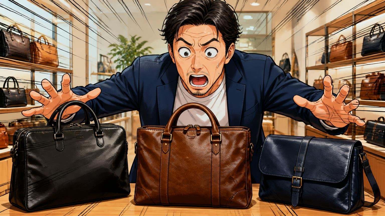 年齢層を確かめた40代が最終候補に残す日本製メンズ革バッグブランド3選 ショールームで3つの革バッグを並べて見比べる40代男性が目を見開く場面