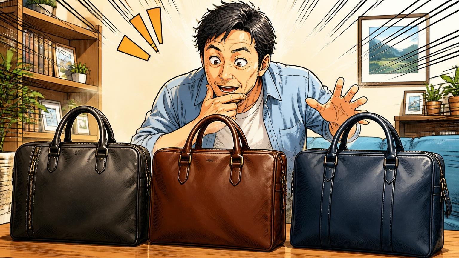 機能系リュックの次に、40代が候補に入れたい日本製の革バッグブランド3選、休日の自宅のテーブルに3つの革のビジネスバッグを並べて見比べる40代男性の場面