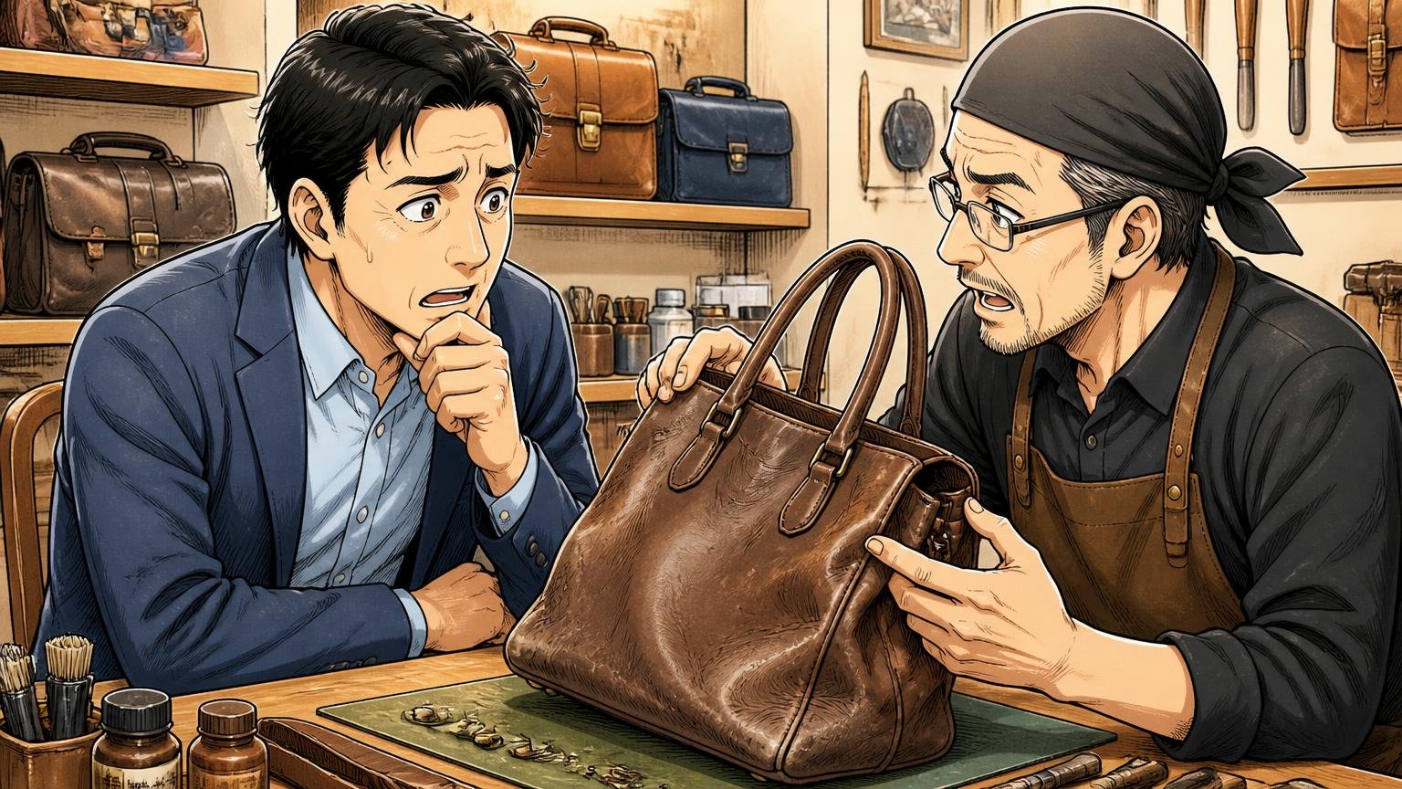 型崩れが進んだら修理店へ。芯入れ・底鋲の費用目安、鞄の修理店のカウンターで型崩れした革のバッグを見せ、職人と40代の男性が真剣に相談する場面