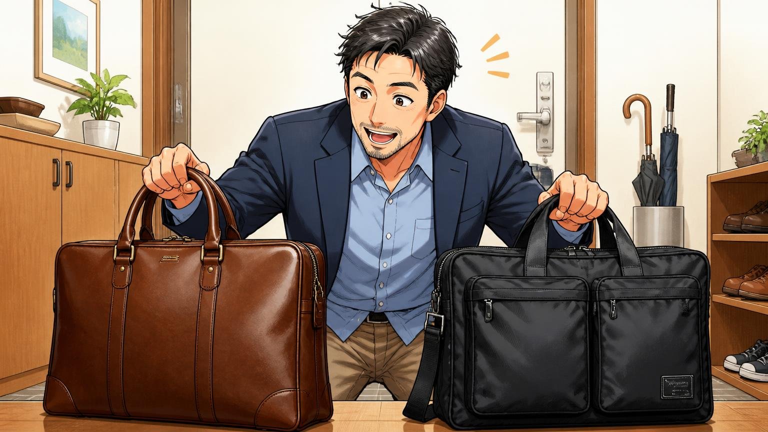スーツの日は革、休日はポーターと「使い分ける」 自宅の玄関で平日用の革のビジネスバッグと休日用のナイロンバッグを並べて選ぶ40代男性1人の笑顔
