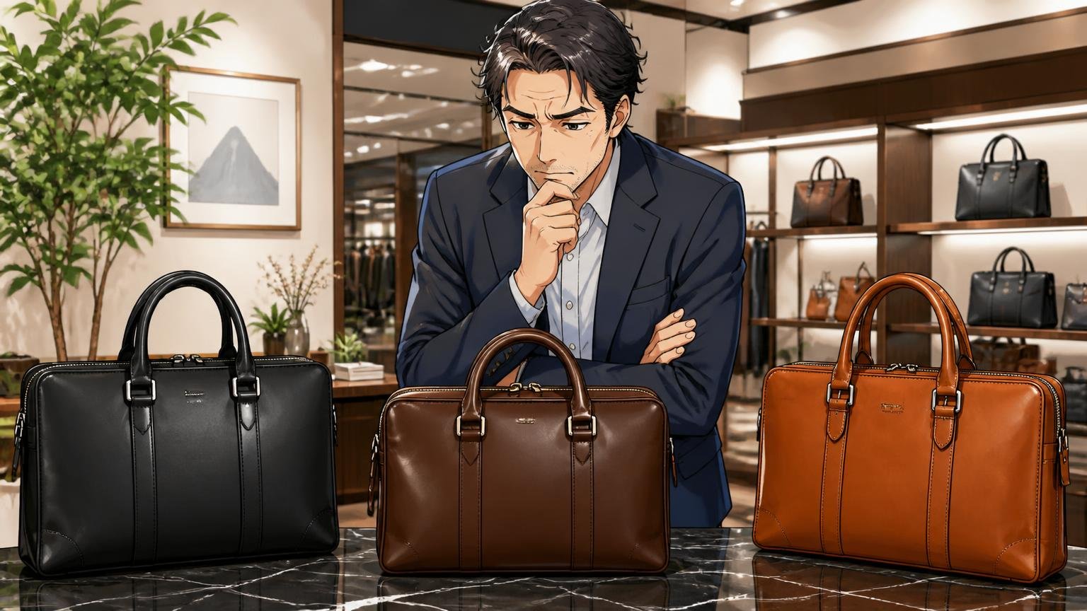 仕事の1本は格で選びたい40代へ日本製メンズ革バッグブランド3選、ショールームで3つの革ビジネスバッグを並べて見比べる40代男性が真剣に悩む場面