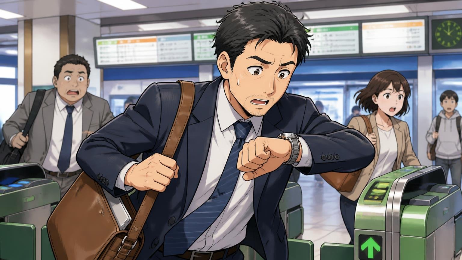 用途：通勤・商談・休日のどれで一番使うか 朝の駅の改札でPCの入った革バッグを肩に掛けた40代男性が時計を見て急ぐ場面