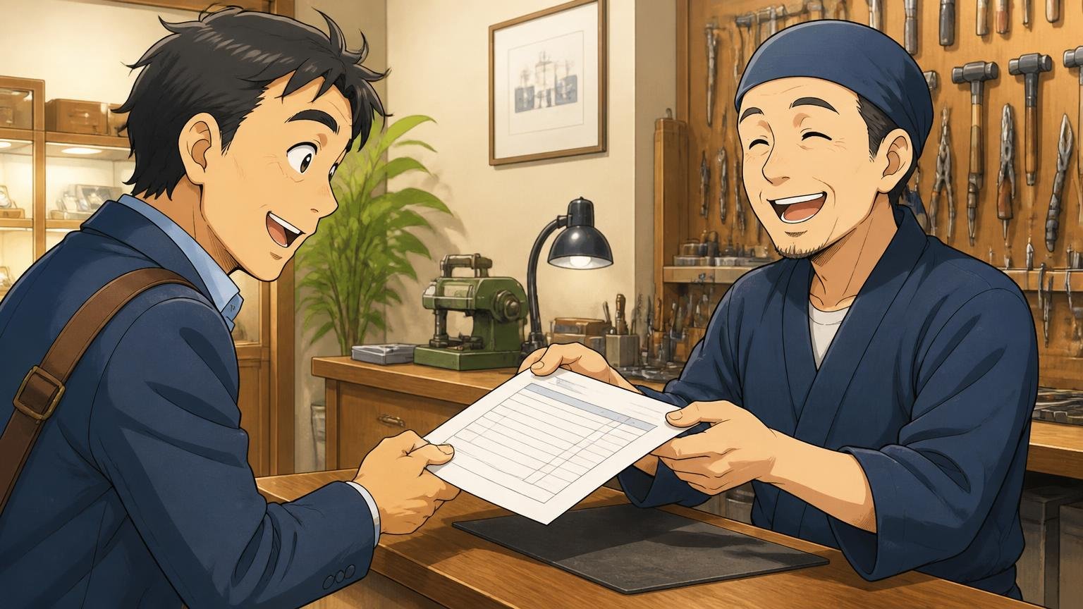 STEP4:修理の窓口と費用の目安を知っておく 工房の受付で修理の見積もり書を受け取る場面、40代男性1人と職人1人が笑顔を見せる