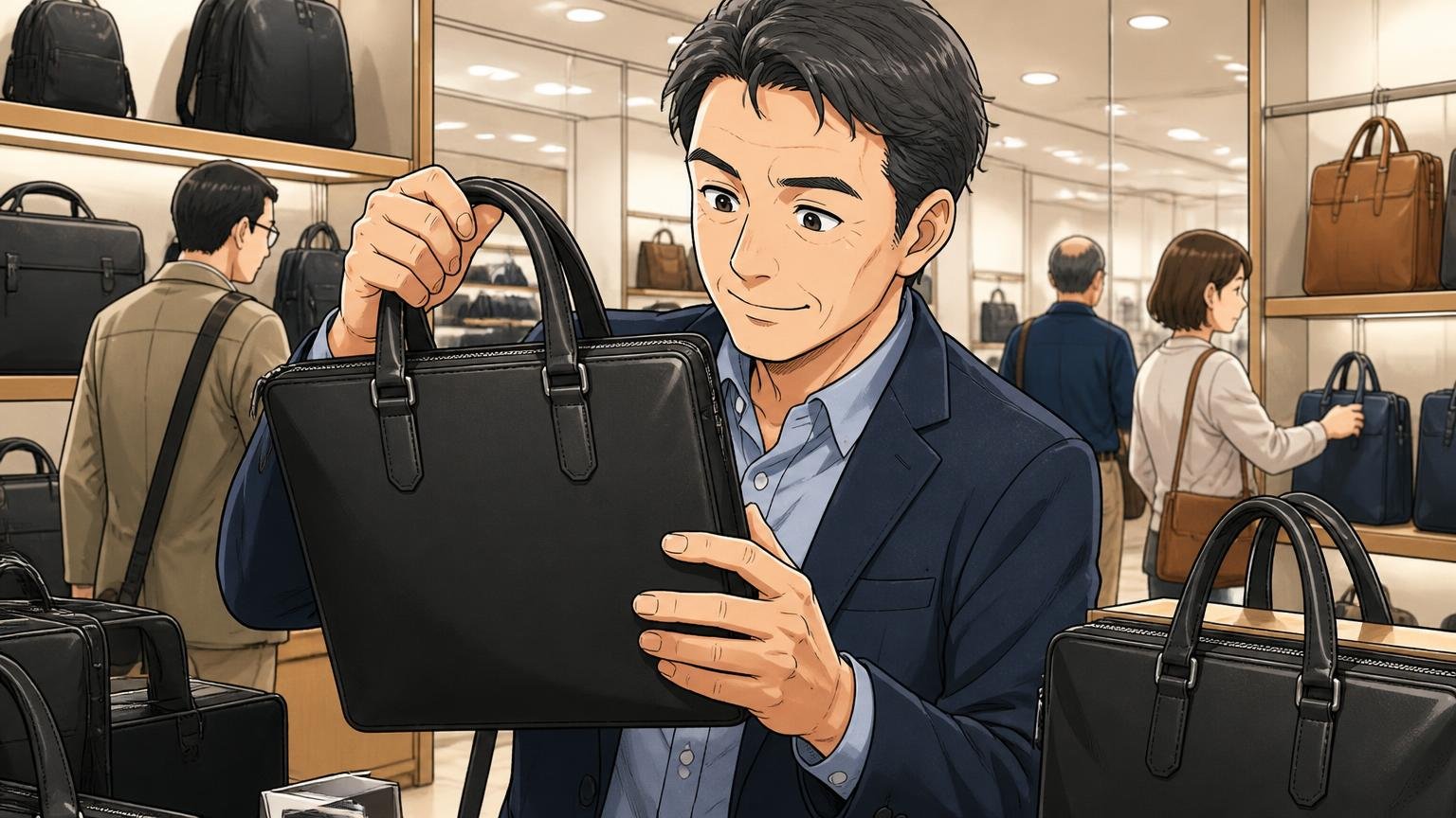対策④ 通勤用に選び直すなら、落ち着いた素材・色を選ぶ|バッグ売り場でマットな黒のバッグを手に取る場面、40代男性1人が満足げに確かめる
