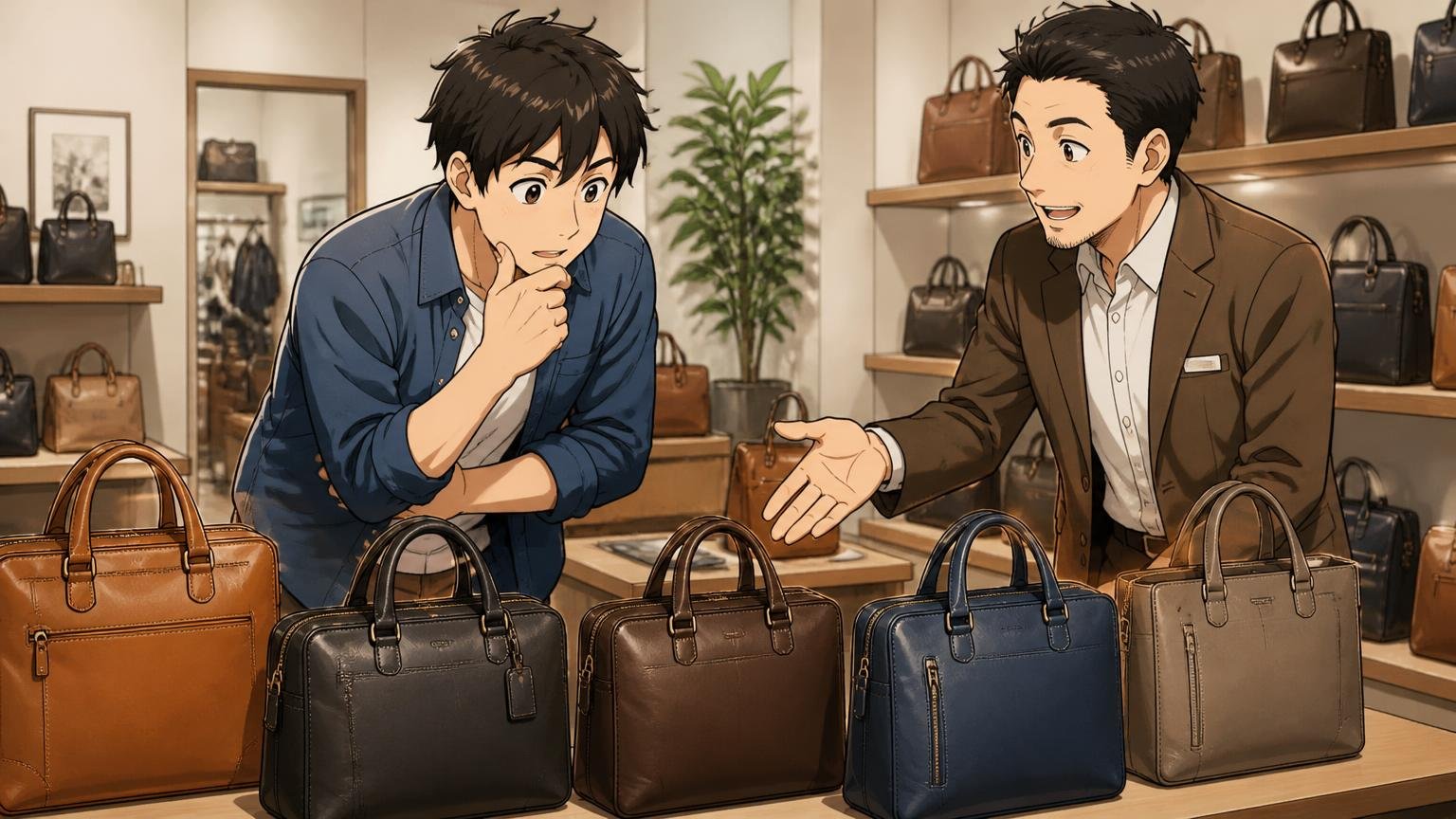 価格帯の近い日本製ブランドとも見比べる、ショールームのテーブルに並べた複数の革バッグを見比べる男性1人と店員1人の場面