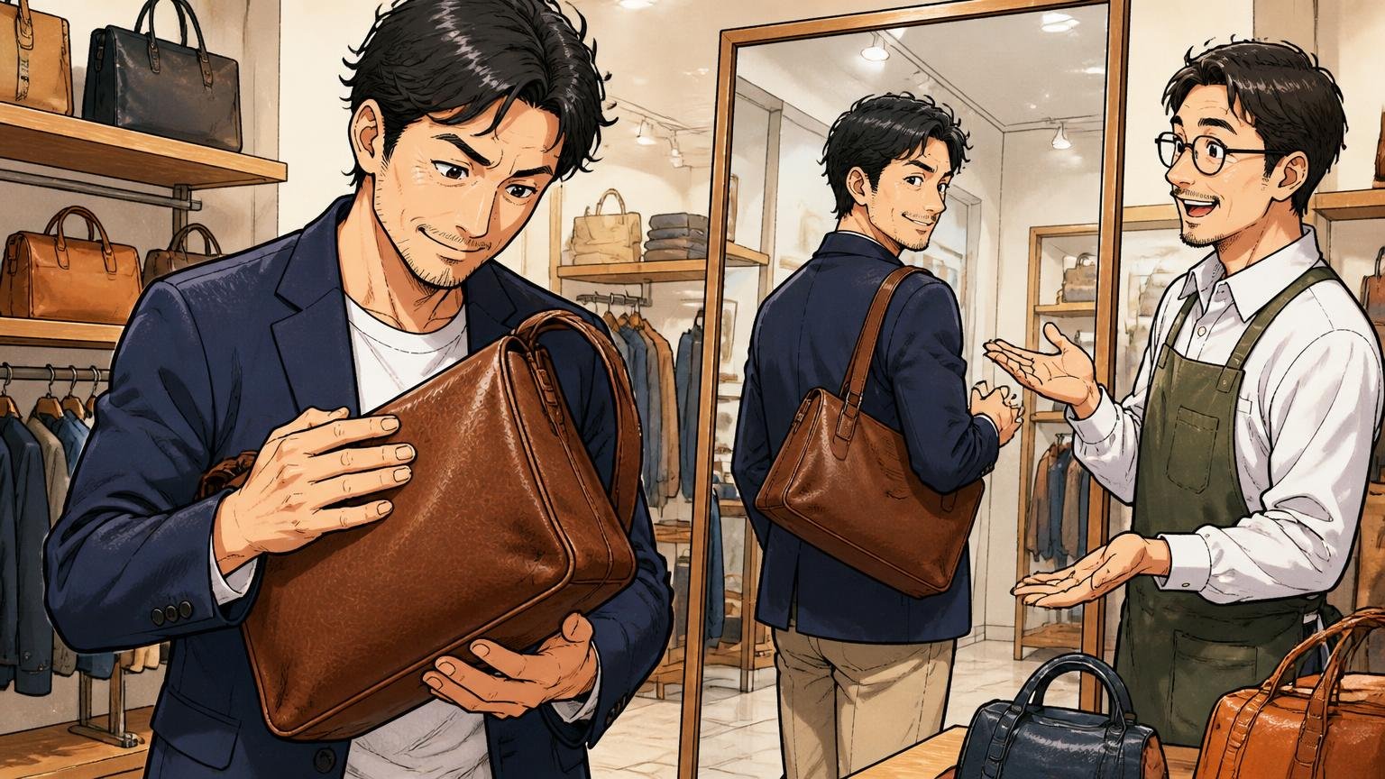 実物を手に取り、重さと革の手触りを確かめる セレクトショップの店内で、革バッグを肩に掛けて鏡の前を歩いてみる40代男性と店員の2人