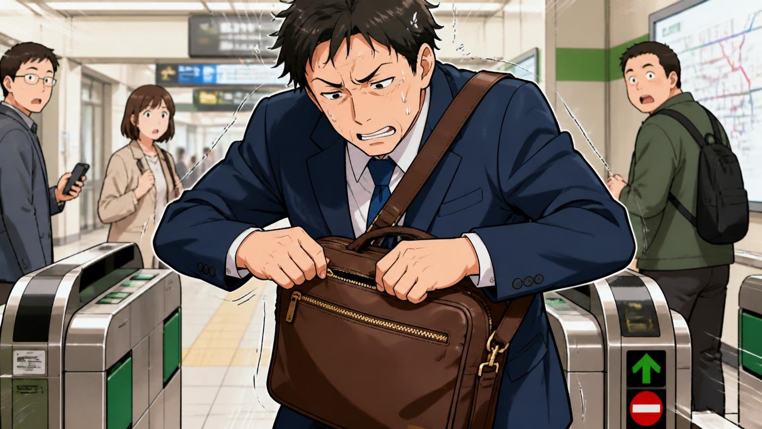 ファスナーやポケットが開けにくいという声 駅の改札前で革バッグの外ポケットを両手で開けようと苦戦する40代男性1人