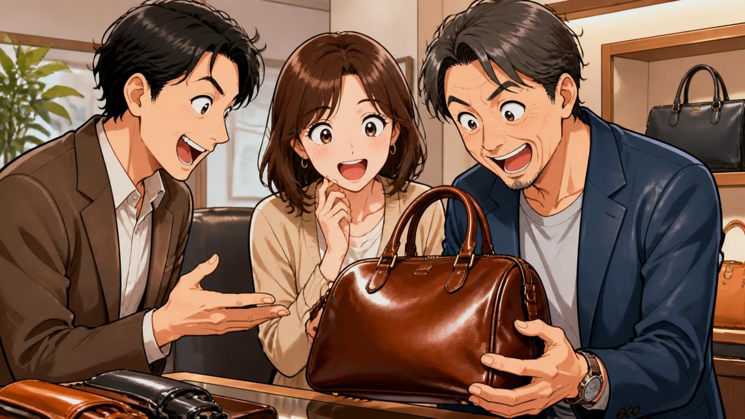 実物を見られる場所があるかを確認する 予約制のショールームで店員と革の艶を確かめる場面 店員1人と40代夫婦2人がバッグを手に取って目を輝かせる