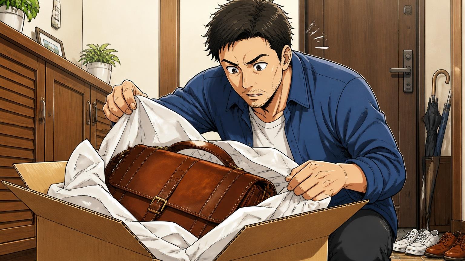 返品は「到着後1週間以内・未使用」が条件 自宅の玄関で届いた段ボールを開けて革バッグを確かめる場面 40代男性1人が慎重に包みをほどく