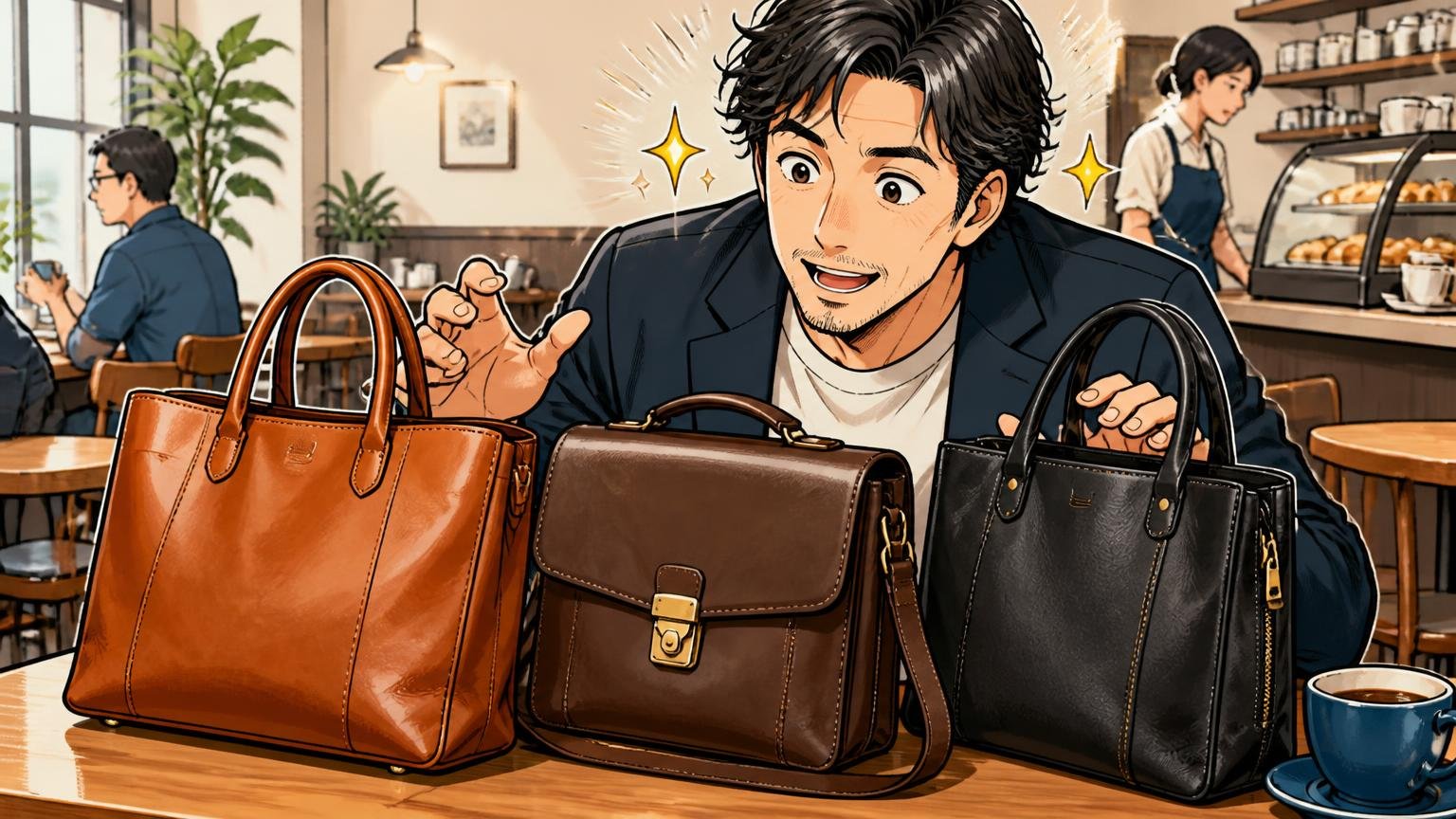 本革で10年付き合いたい40代が比べておきたい、日本製のメンズ革バッグブランド3選　カフェで3つの革バッグを見比べる40代男性1人が目を輝かせる場面