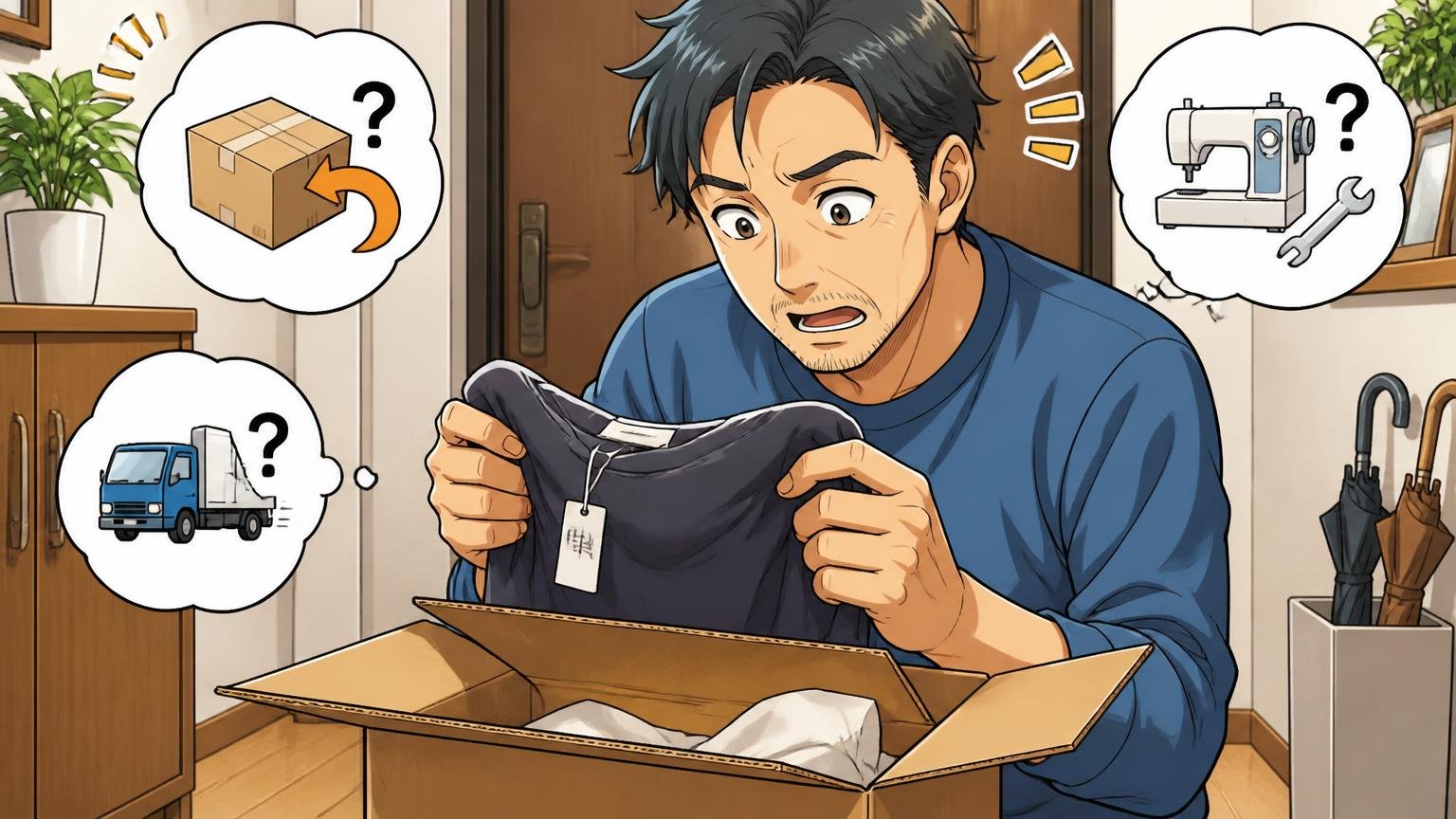返品・送料・修理の窓口はどうなっている?、自宅の玄関で届いた段ボールを開けて中身を点検する40代男性1人