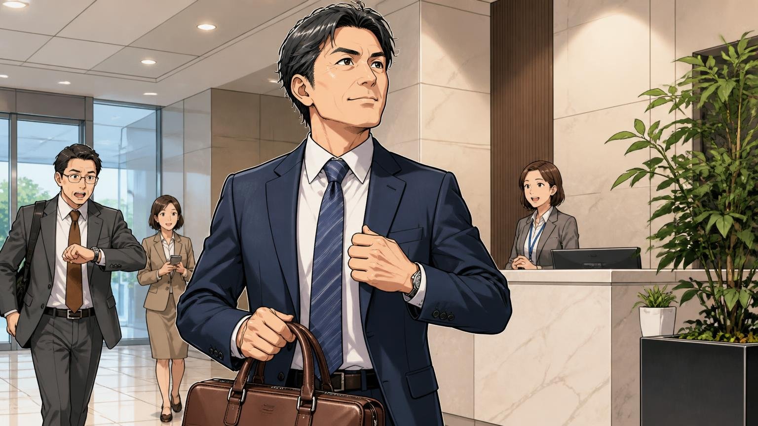 商談・取引先訪問の日は「手に持つバッグ」に持ち替える、取引先の受付前でリュックから手提げの革鞄に持ち替えた40代男性が背筋を伸ばす場面