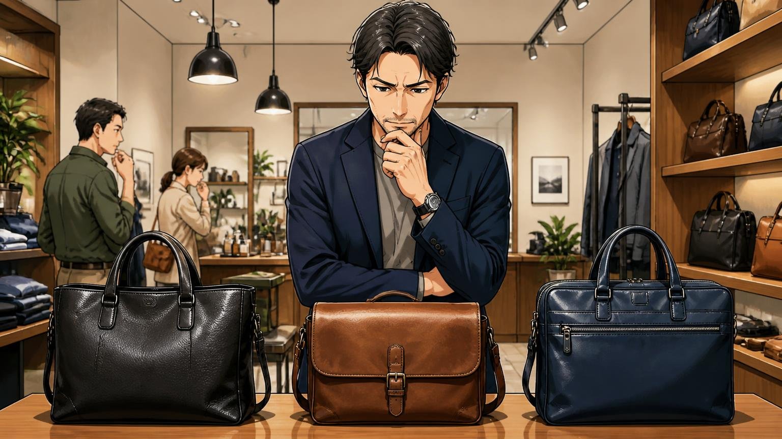 「機能の次は質感」と決めた40代が候補に入れたい、日本製の革バッグブランド3選 落ち着いたセレクトショップで40代男性が3つの革バッグを並べて真剣に選ぶ場面