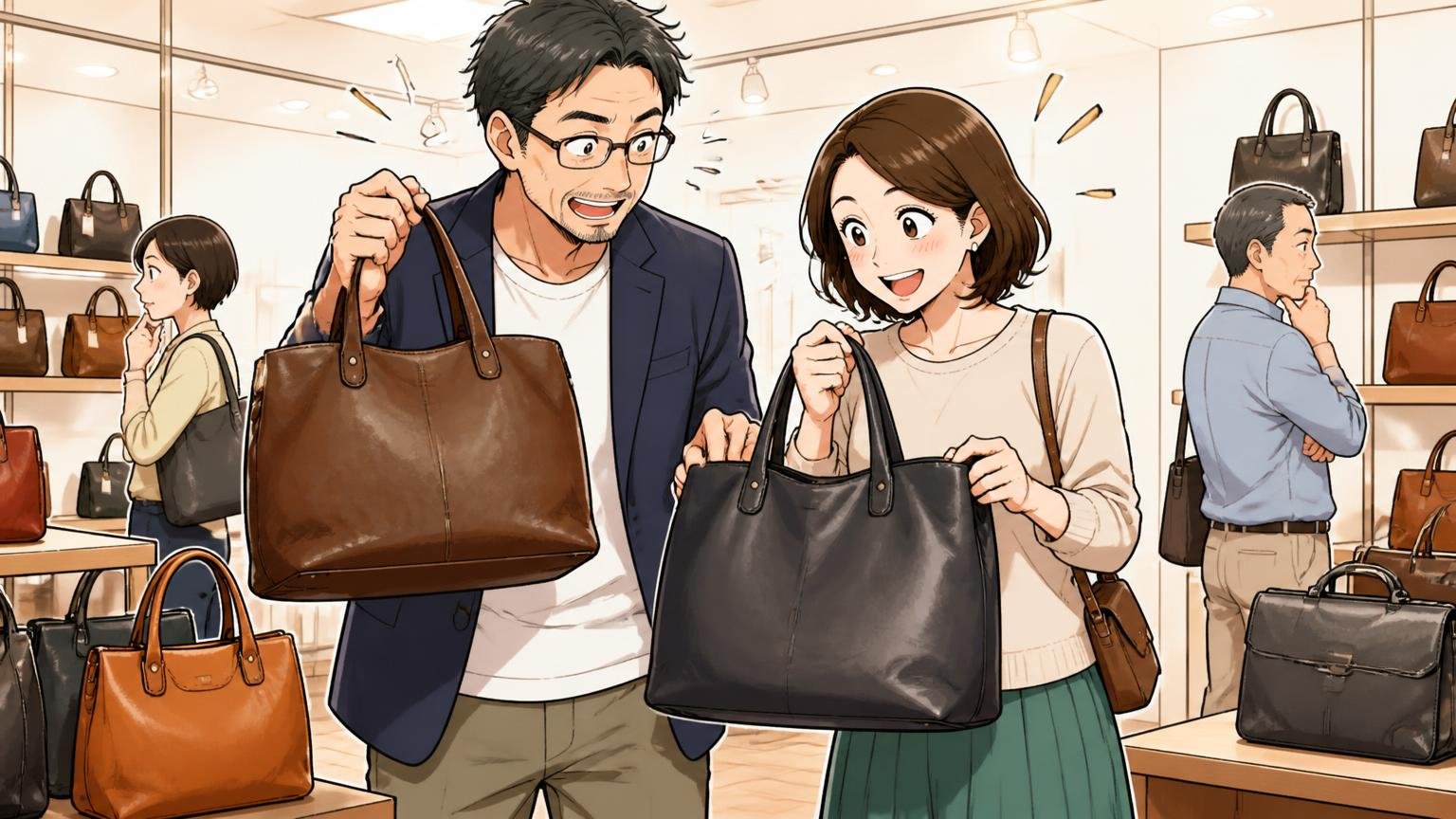 価格帯の近い複数ブランドを、公式サイトや実物で比べる　ショールームで40代男性と30代の妻が並んだ革のバッグを手に取り重さを比べて笑い合う場面
