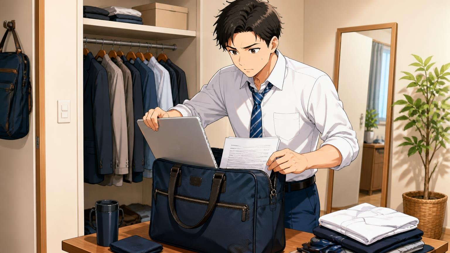 通勤・出張・PC収納など使う場面を先に決める、自宅のクローゼットの前でPCと書類をバッグに入れてサイズを確かめる男性1人