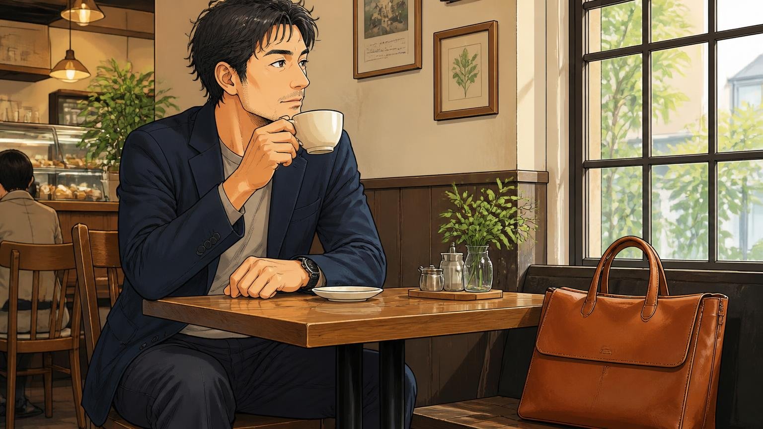 トゥールーズは姫路レザーのフラップトート。カフェのテーブル脇に革のフラップトートを置いてコーヒーを飲む40代男性の落ち着いた場面
