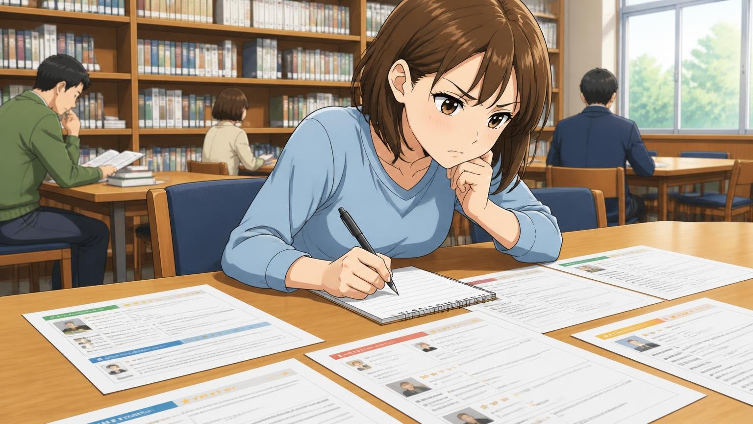 「どこの口コミか」「誰が書いたか」を見る。図書館の机で複数のサイトを印刷した紙を並べて確認する30代女性1人が真剣にメモを取る場面