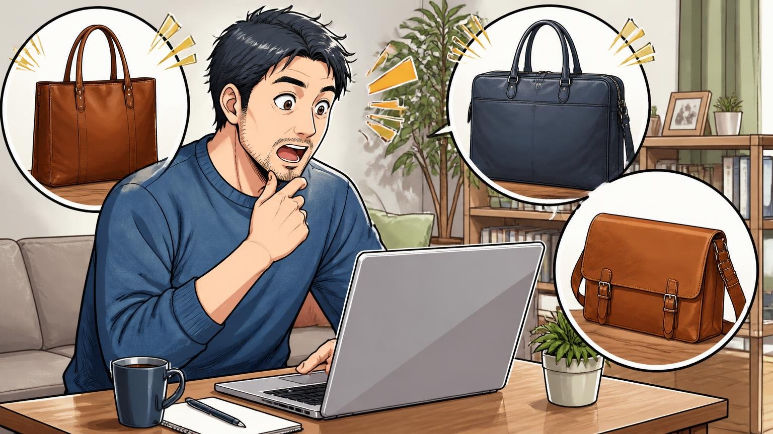 「向いている」と分かった40代が次に見ておきたい、日本製の革バッグブランド3選　自宅のリビングで40代男性がノートパソコンで革バッグの公式サイトを見比べる場面