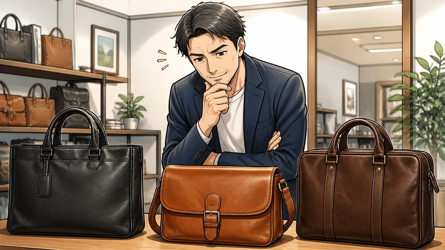 「どちらもしっくりこない」と感じた40代が次に比べたい、日本製の革バッグブランド3選 ショールームで3つの革バッグを並べて比べる場面、40代男性1人が頷く