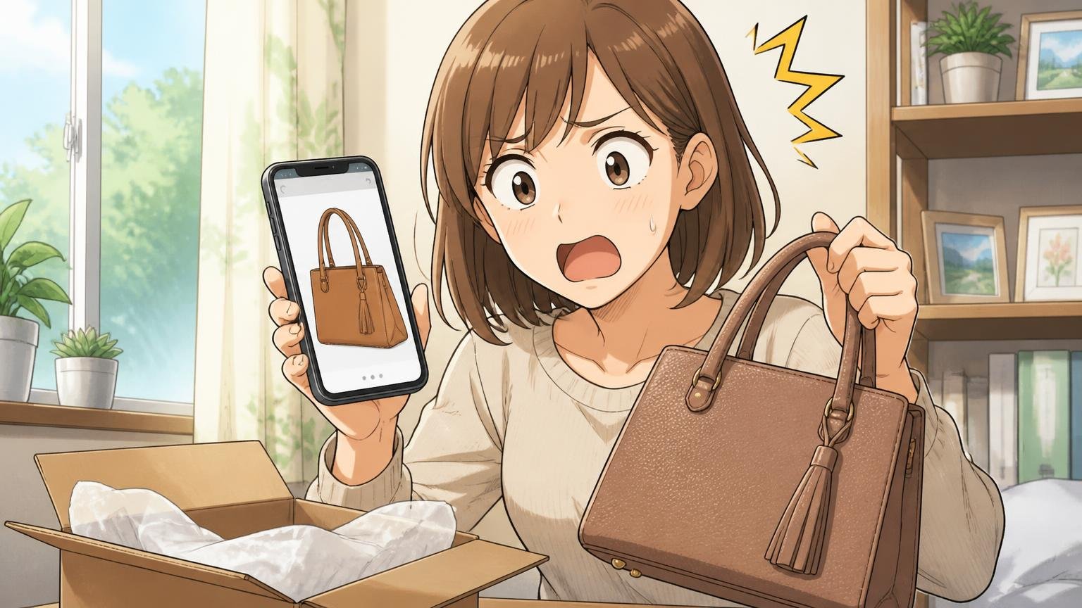 写真と実物の色が違う・個体差があるという声 自宅の窓辺でスマホの商品写真と届いた革バッグの色を見比べる妻1人