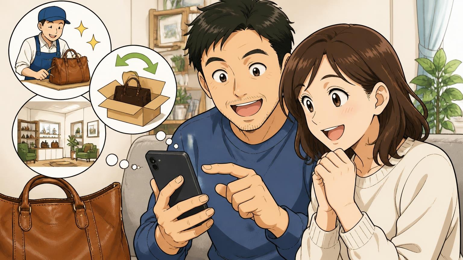 修理対応・返品条件・ショールームの有無を確かめる 自宅のリビングでスマホで革バッグの修理案内のページを読む場面、40代男性と30代女性の2人、安心した笑顔
