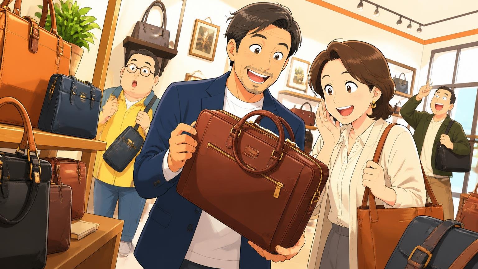 「安く・確かめて・直せる」がそろう日本製メンズ革バッグ ショールームで日本製の革バッグを手に取る40代男性1人と女性1人が目を輝かせる場面
