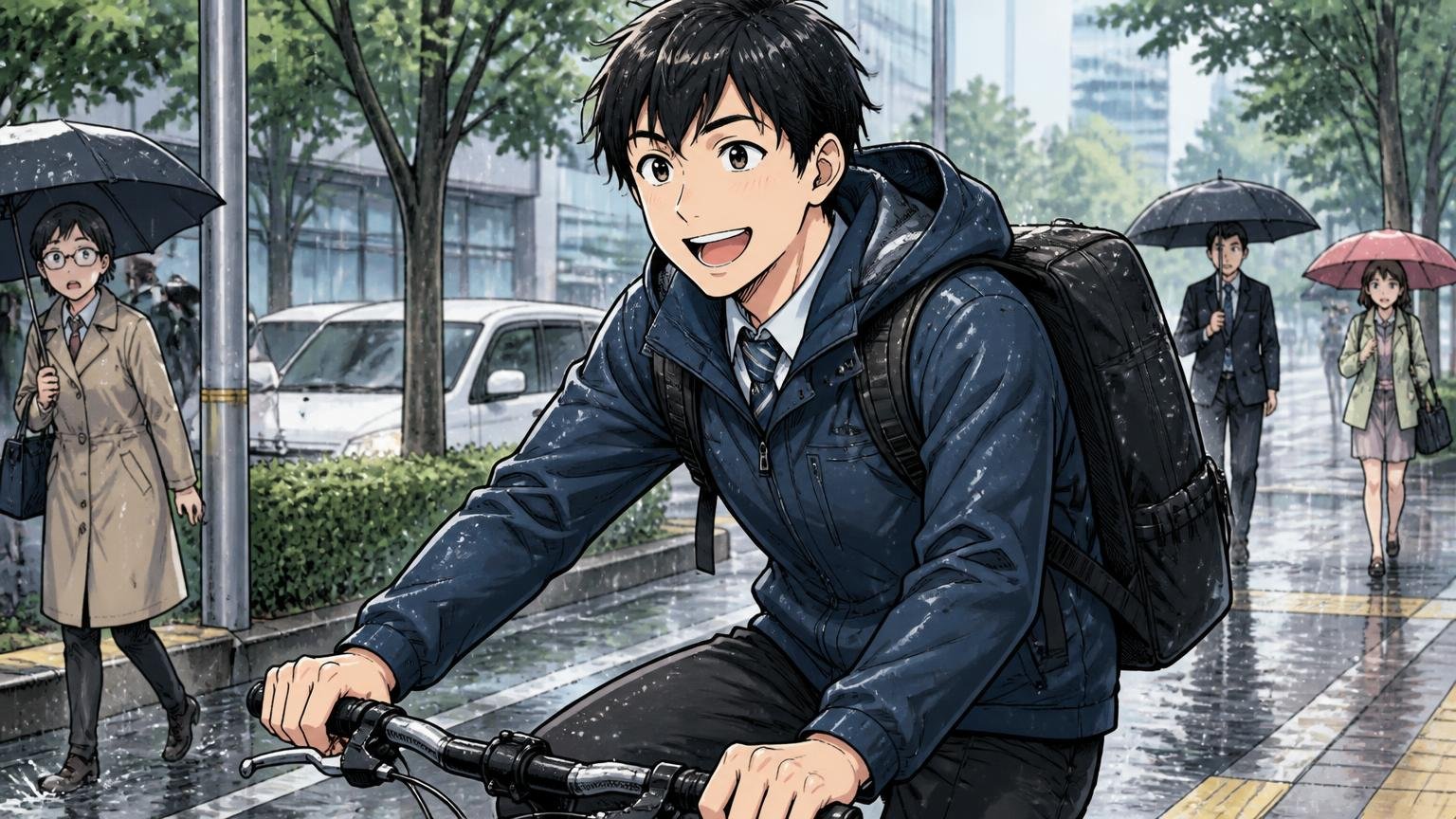 向いている人|機能と軽さを優先し、カジュアル寄りに使う人、雨の日の通勤路でリュックを背負い自転車をこぐ会社員が笑顔を見せる場面