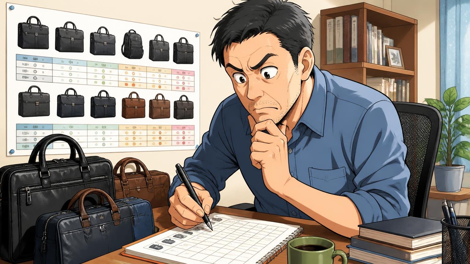 主なビジネスバッグの価格とサイズ早見表、自宅のデスクでノートに候補のバッグの価格とサイズを書き出す40代男性1人