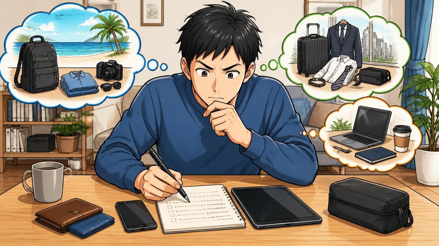 用途（休日・出張・仕事の延長）と中に入れる物を先に決める 自宅のテーブルに財布やスマホやタブレットを並べてメモを取る男性1人の場面