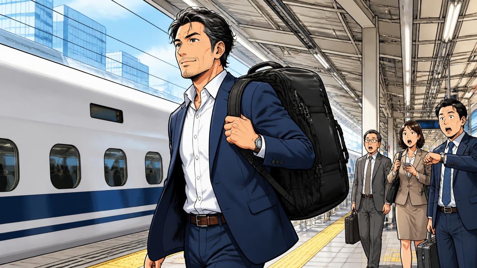 出張が多く、1泊分の荷物を1つにまとめたい人。新幹線のホームで着替え入りの3WAYバッグを背負い颯爽と歩く40代男性1人