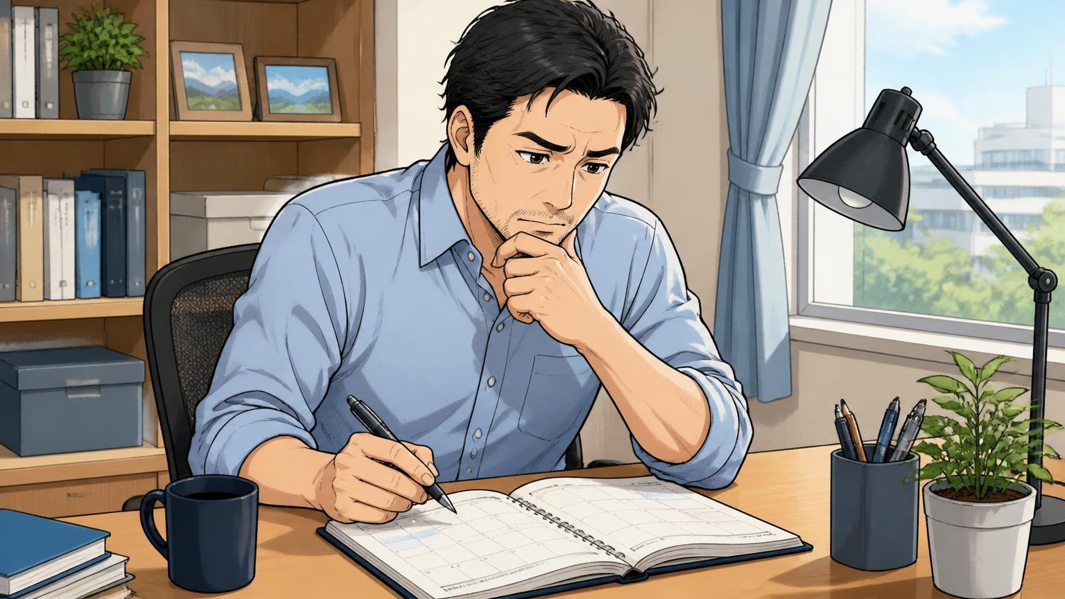 ステップ1:通勤・出張・休日のどこで使うかを決める自宅のデスクで手帳に通勤と出張の予定を書き出す40代男性1人が考え込む場面