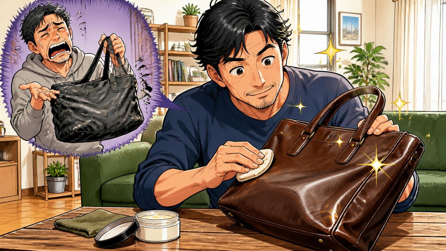 ナイロンは「育たない」、革は「手入れで育つ」 休日のリビングでこげ茶の革トートにクリームを塗り艶を確かめる40代男性1人
